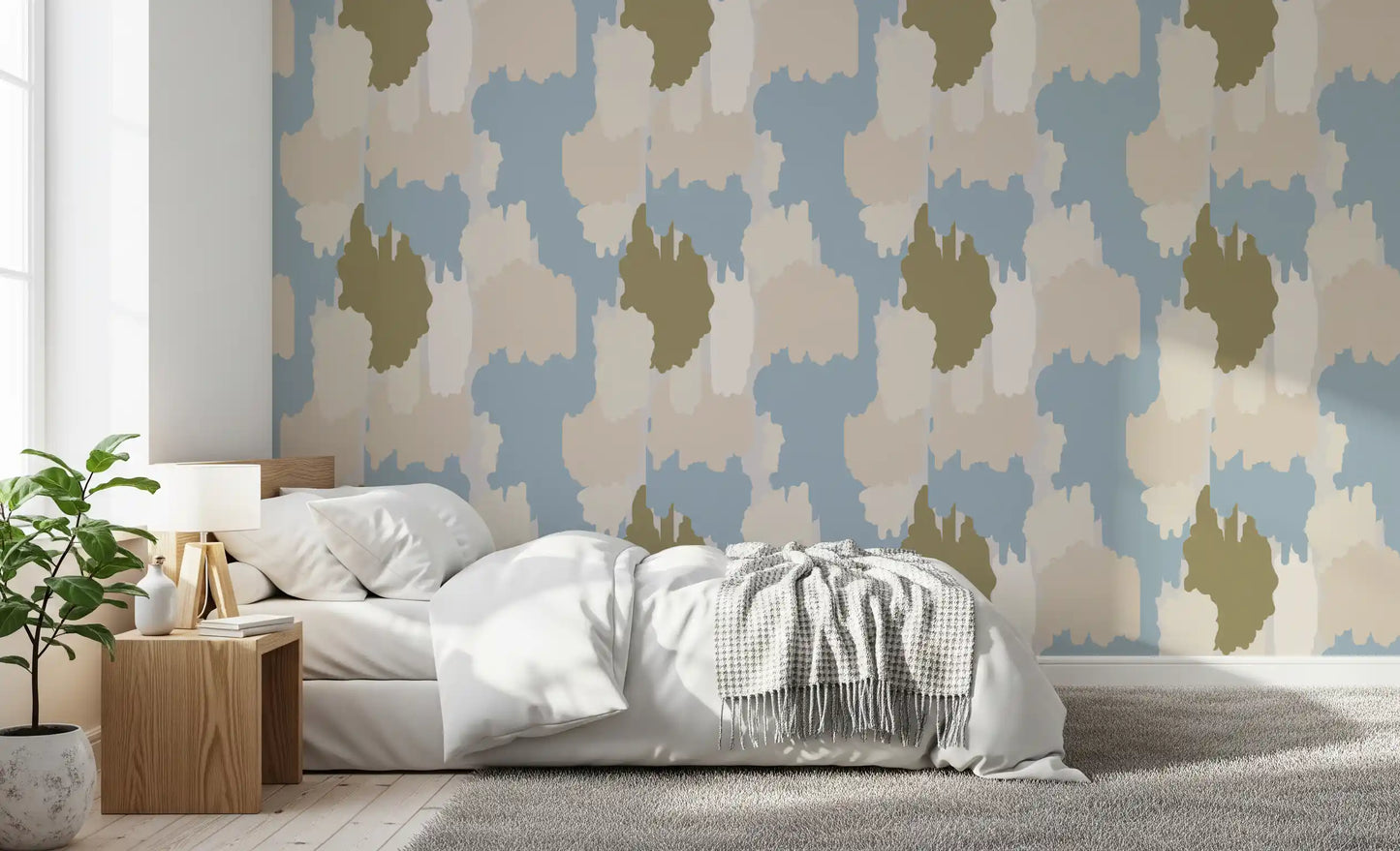 Bedroom wallpaper with airy abstract forms and gentle coastal tones