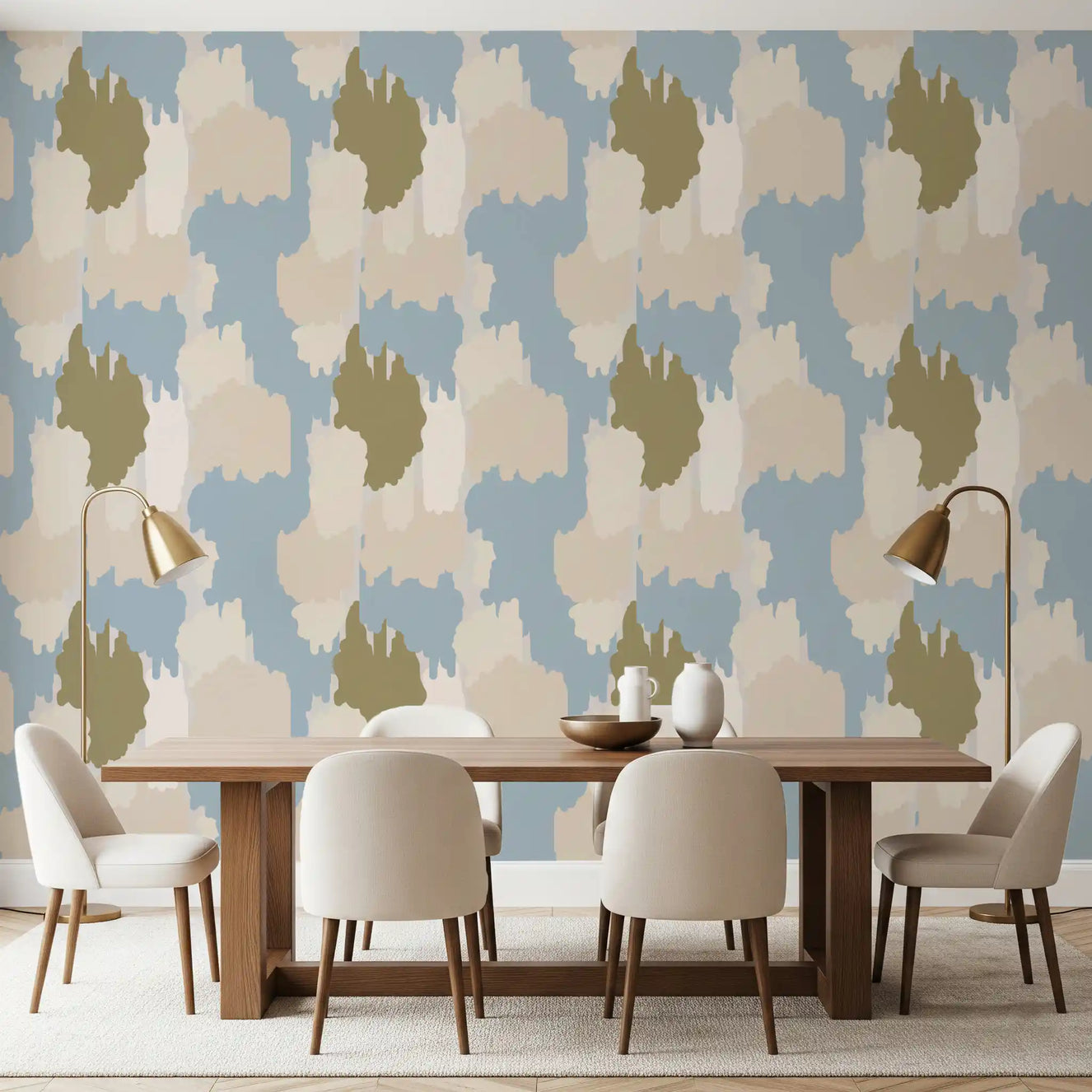 Dining room wallpaper showing pale blue freeform shapes and neutral overlays