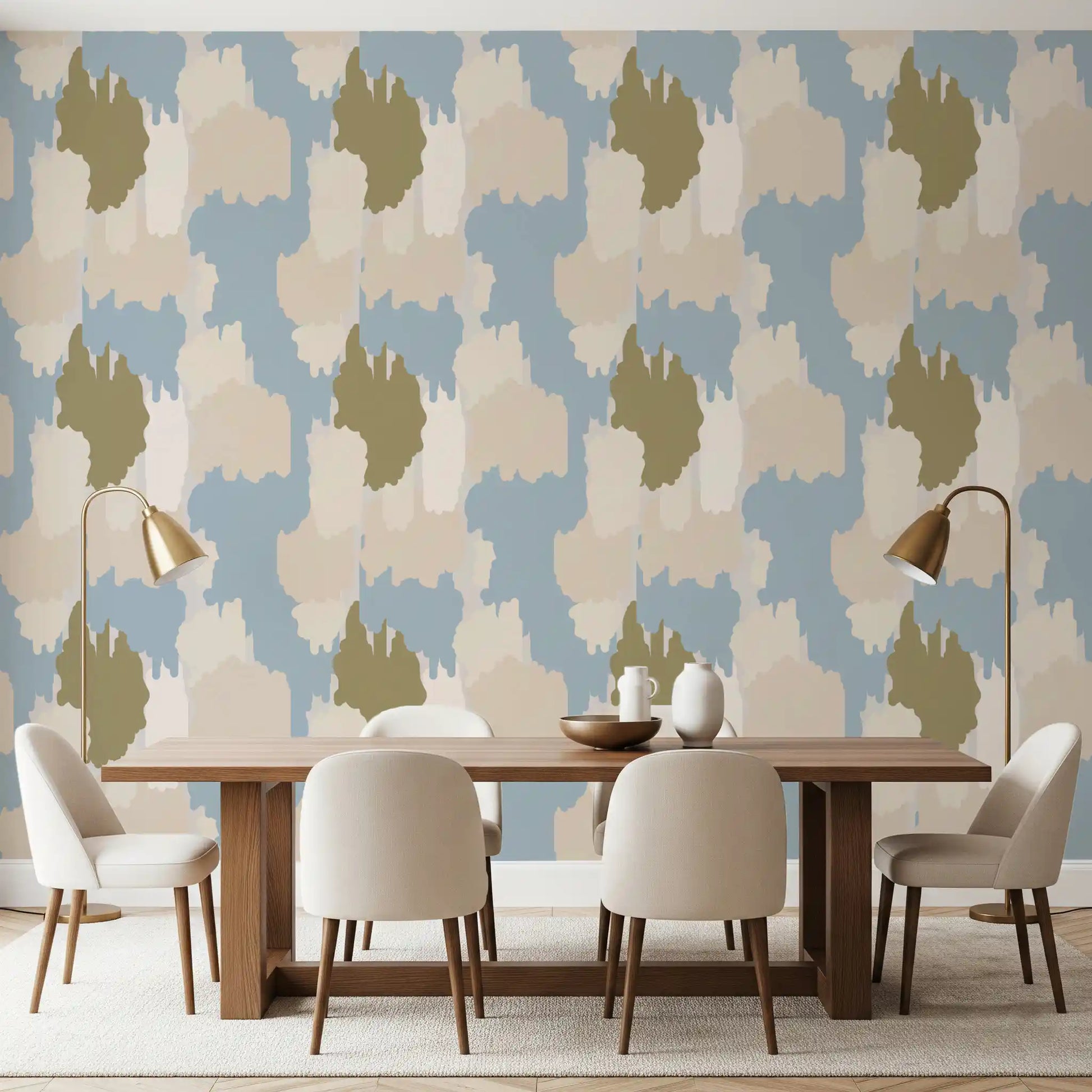 Dining room wallpaper showing pale blue freeform shapes and neutral overlays