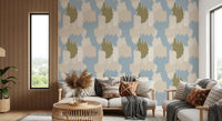 Hallway wallpaper featuring soft cream layers on a muted blue background