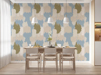Soft blue abstract wallpaper with beige shapes and relaxed painted styling