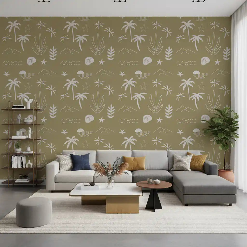 Olive Green Tropical Icon Wallpaper Boho Coastal Wallpaper⁠