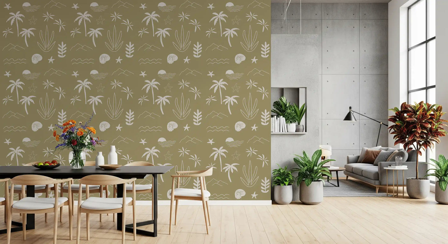 Olive Green Tropical Icon Wallpaper Boho Coastal Wallpaper⁠