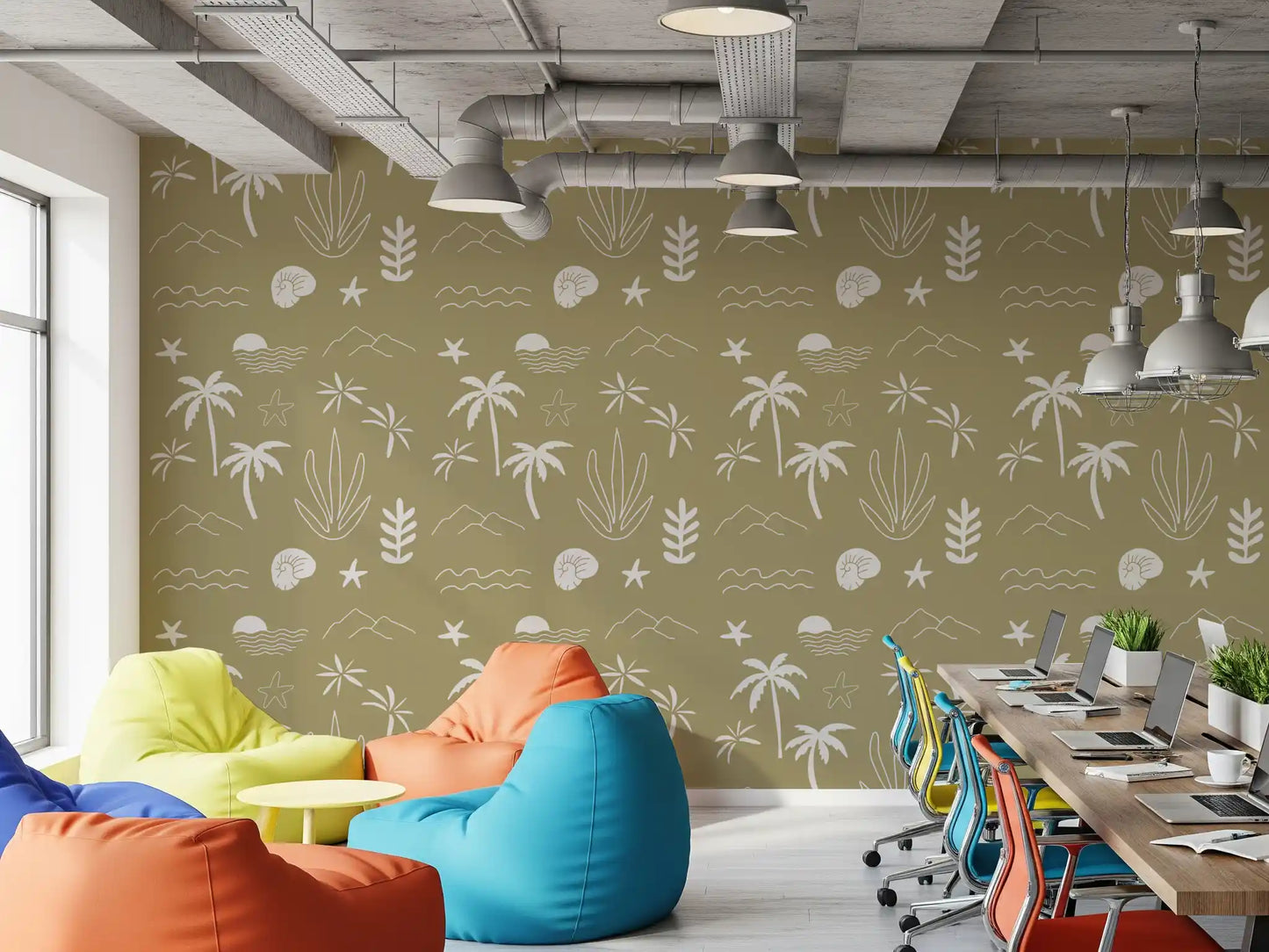 Olive Green Tropical Icon Wallpaper Boho Coastal Wallpaper⁠