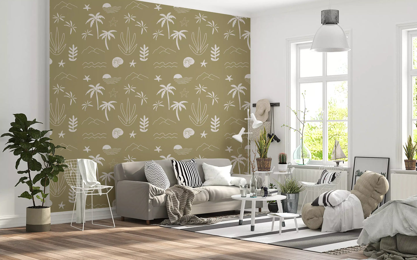 Olive Green Tropical Icon Wallpaper Boho Coastal Wallpaper⁠