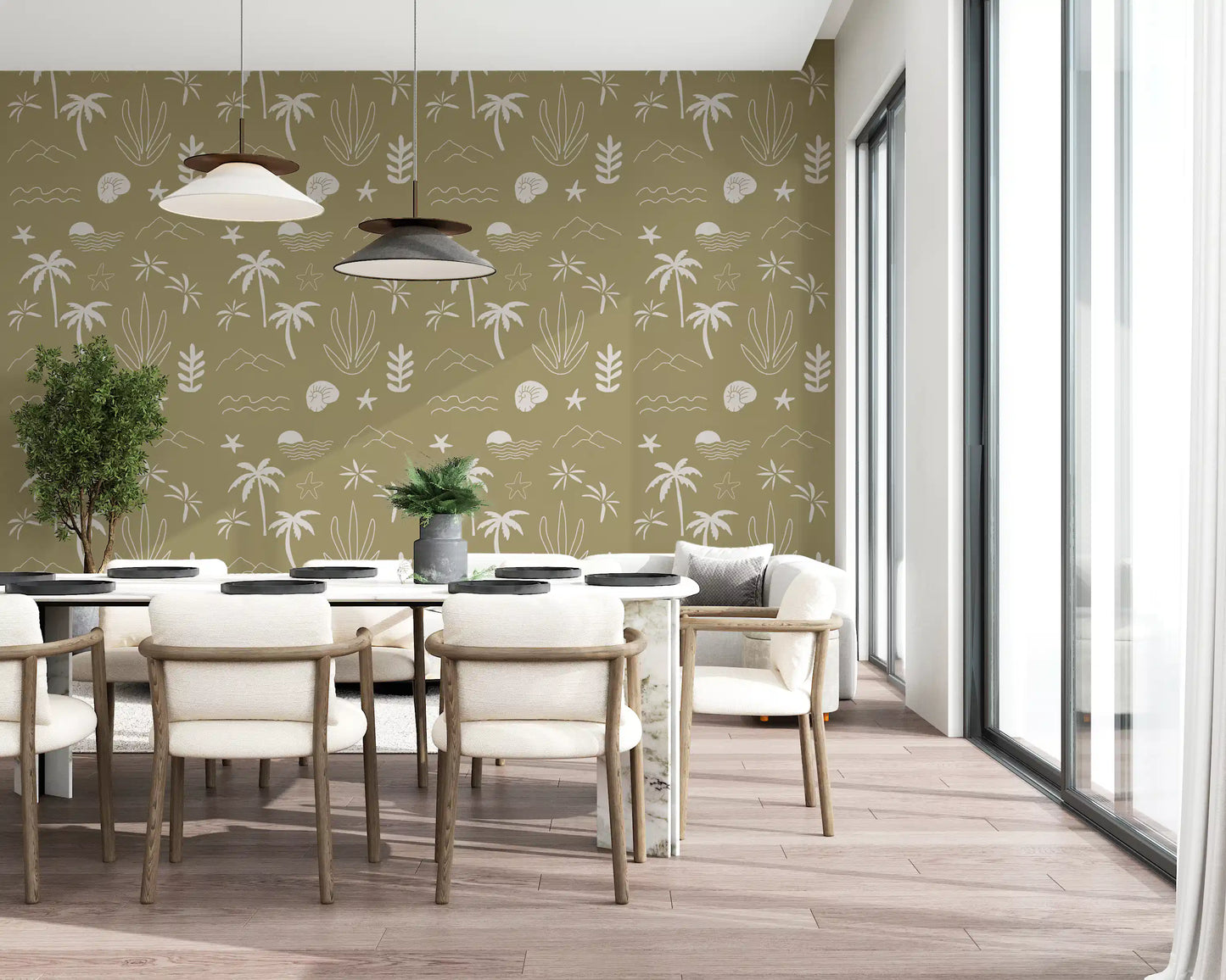 Olive Green Tropical Icon Wallpaper Boho Coastal Wallpaper⁠