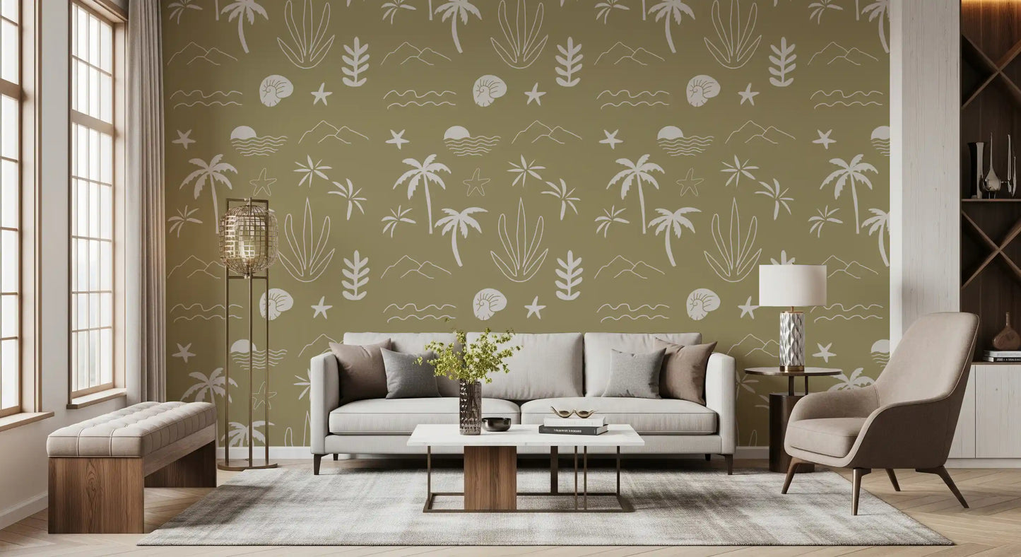 Olive Green Tropical Icon Wallpaper Boho Coastal Wallpaper⁠