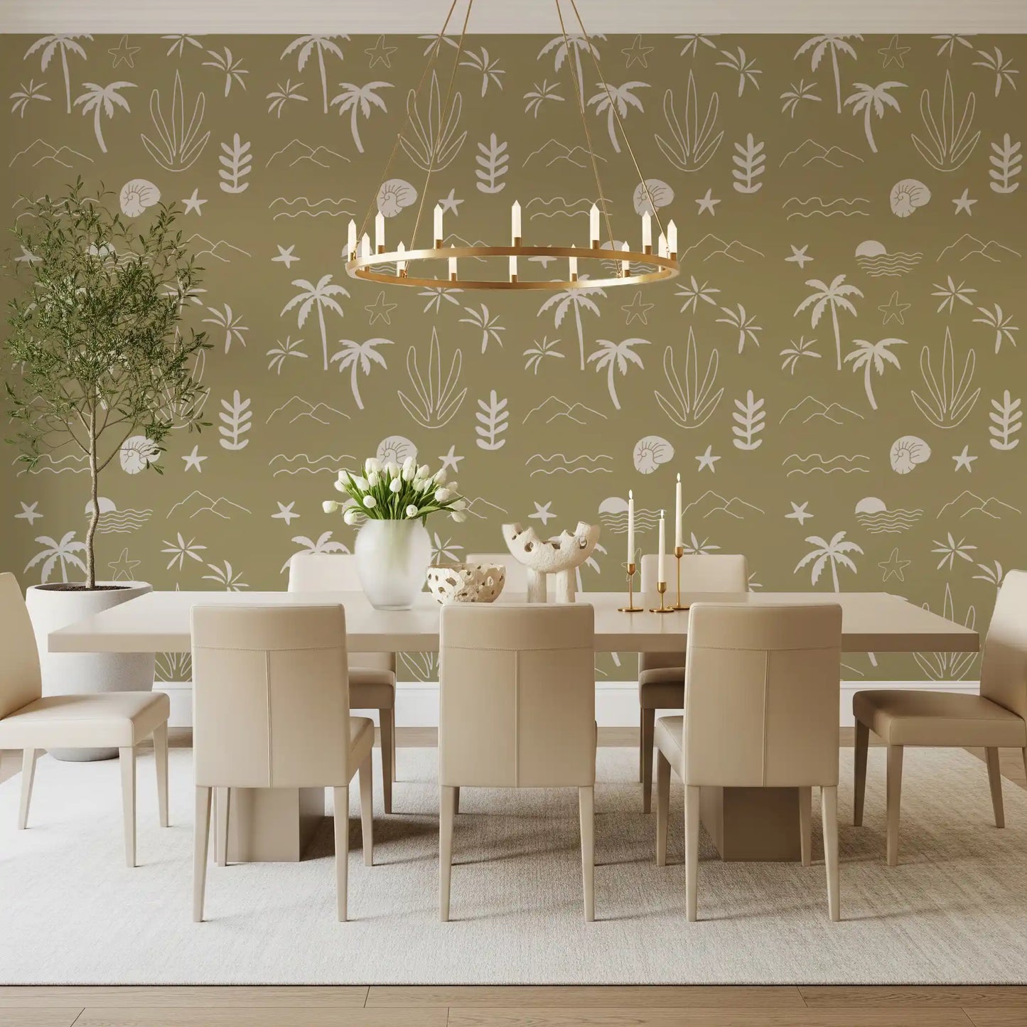 Olive Green Tropical Icon Wallpaper Boho Coastal Wallpaper⁠