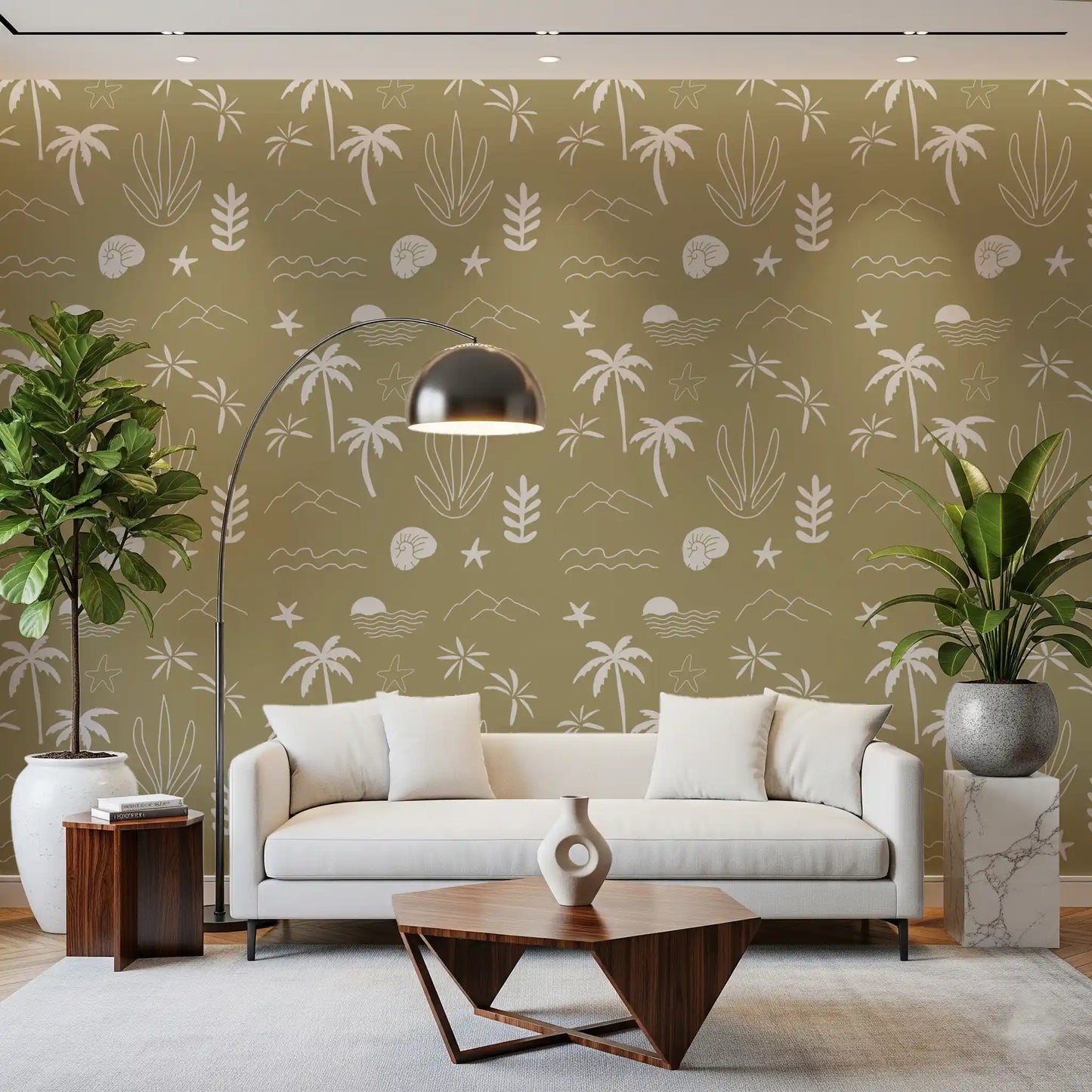 Olive Green Tropical Icon Wallpaper Boho Coastal Wallpaper⁠