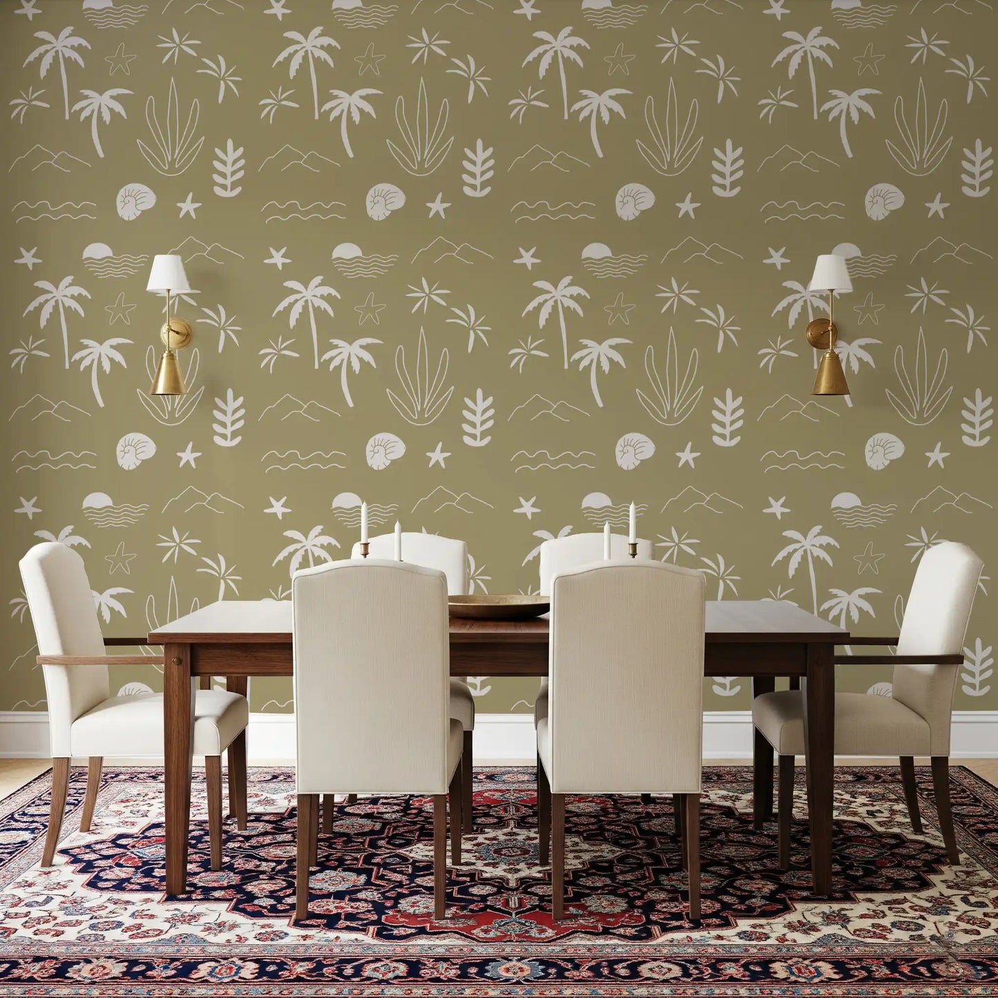 Olive Green Tropical Icon Wallpaper Boho Coastal Wallpaper⁠