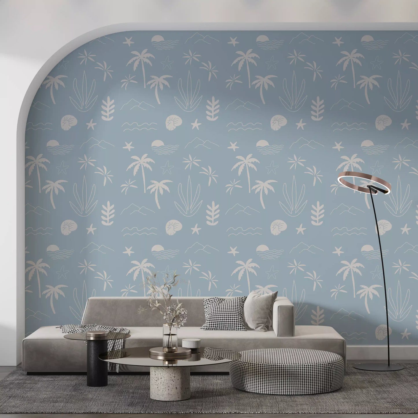 Soft Blue Tropical Icon Wallpaper Boho Coastal Wallpaper⁠