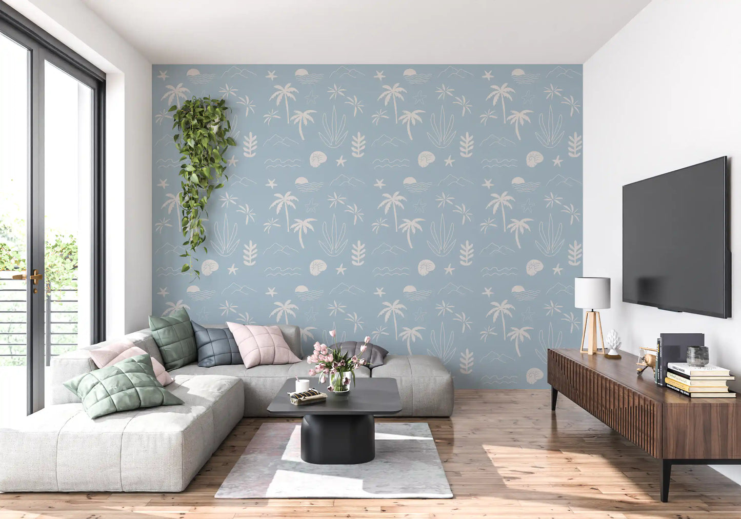 Soft Blue Tropical Icon Wallpaper Boho Coastal Wallpaper⁠