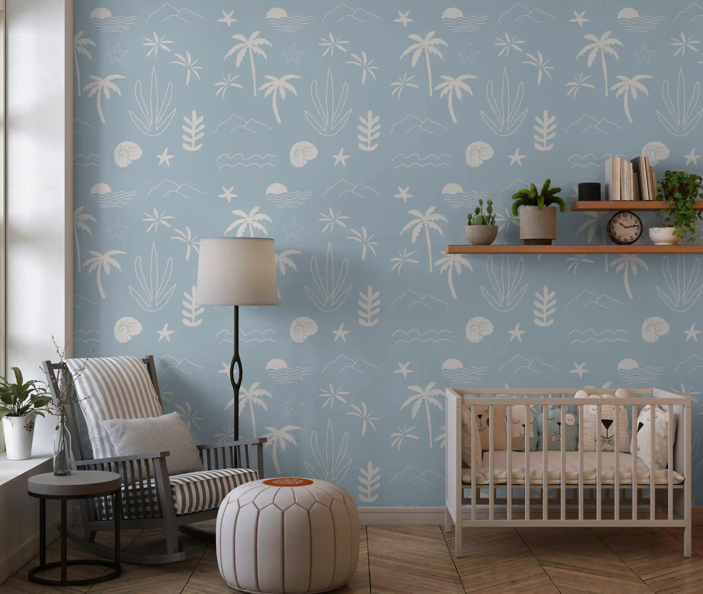 Soft Blue Tropical Icon Wallpaper Boho Coastal Wallpaper⁠
