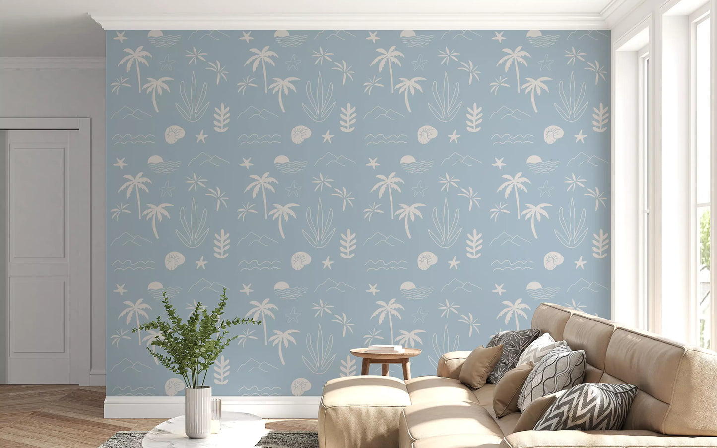 Soft Blue Tropical Icon Wallpaper Boho Coastal Wallpaper⁠