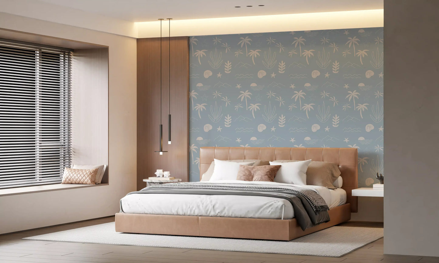 Soft Blue Tropical Icon Wallpaper Boho Coastal Wallpaper⁠