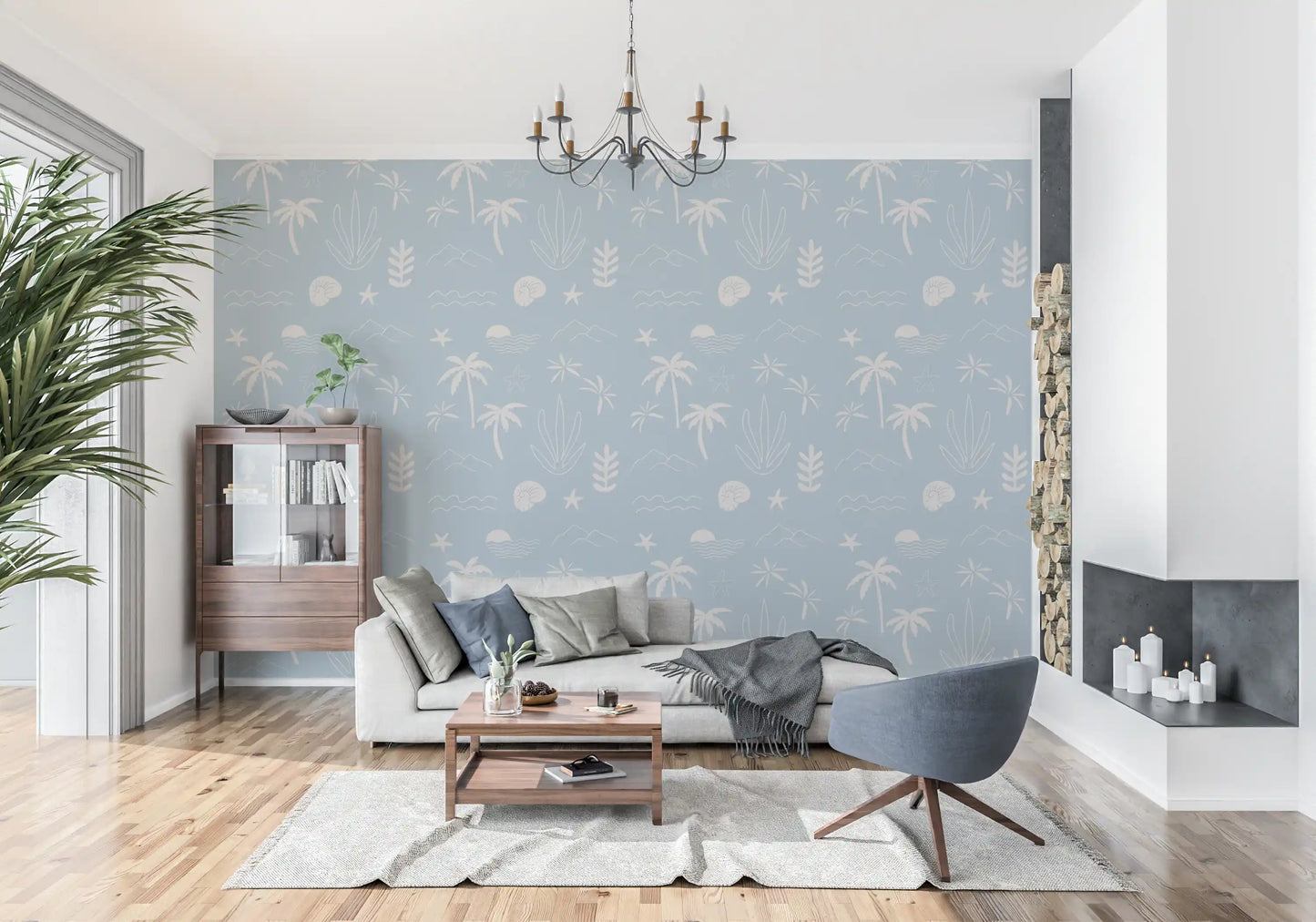 Soft Blue Tropical Icon Wallpaper Boho Coastal Wallpaper⁠