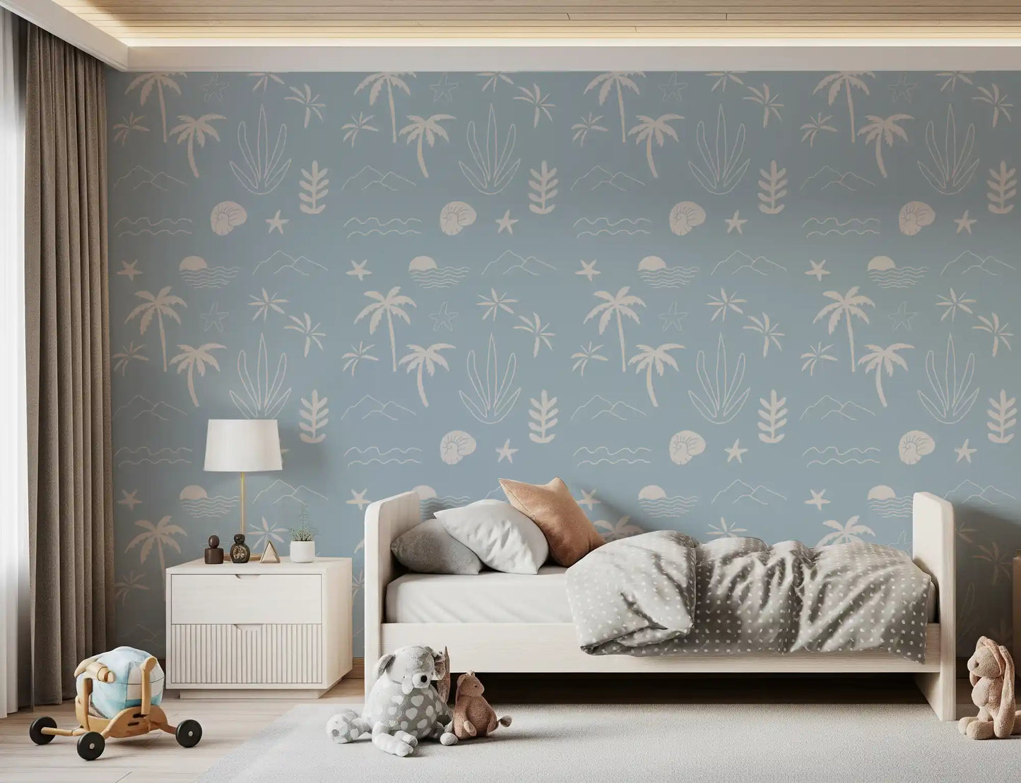 Soft Blue Tropical Icon Wallpaper Boho Coastal Wallpaper⁠