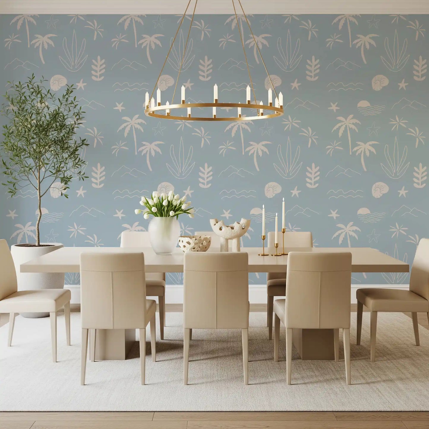 Soft Blue Tropical Icon Wallpaper Boho Coastal Wallpaper⁠