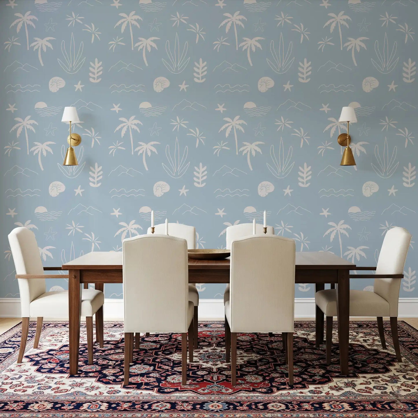 Soft Blue Tropical Icon Wallpaper Boho Coastal Wallpaper⁠