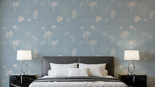 Boho Coastal Wallpaper showing starfish, palms, and a pale blue surface