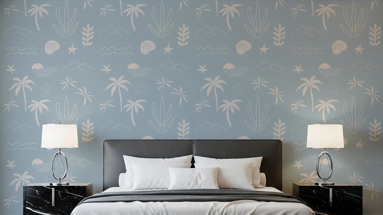 Boho Coastal Wallpaper showing starfish, palms, and a pale blue surface
