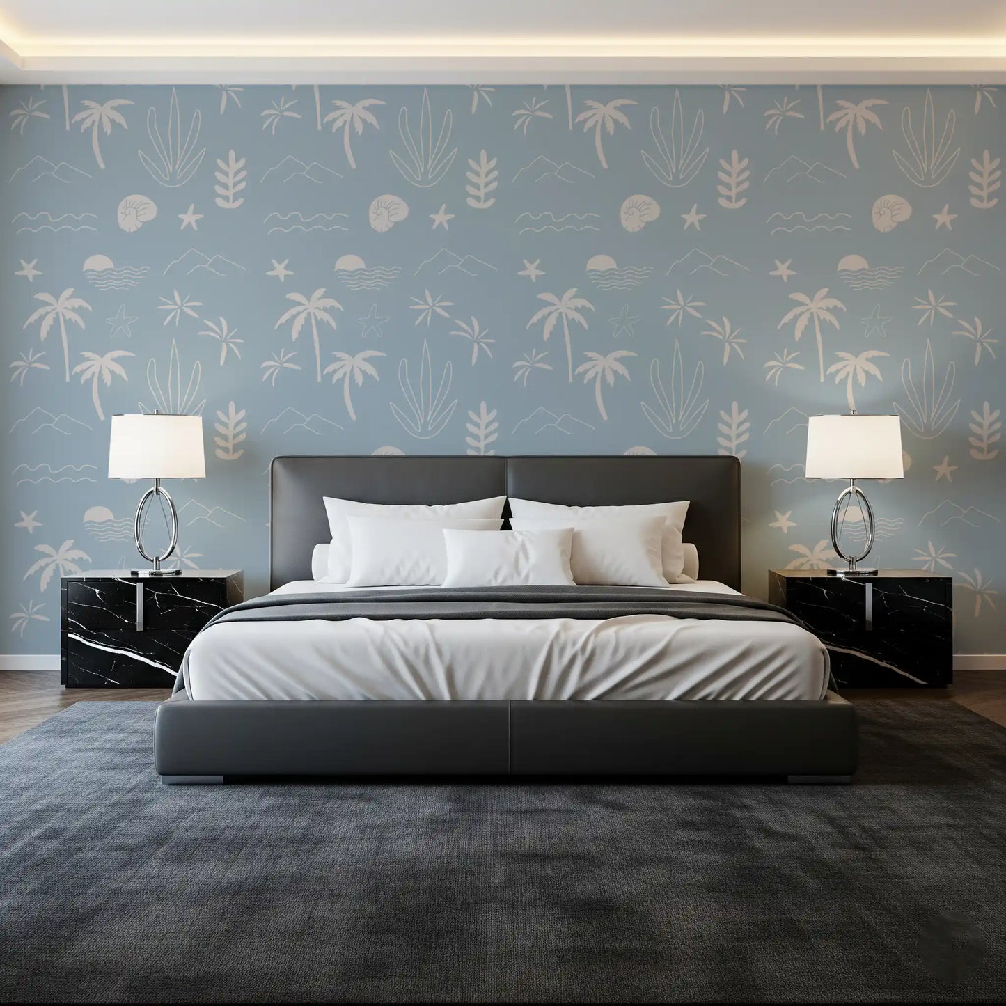 Soft Blue Tropical Icon Wallpaper Boho Coastal Wallpaper⁠