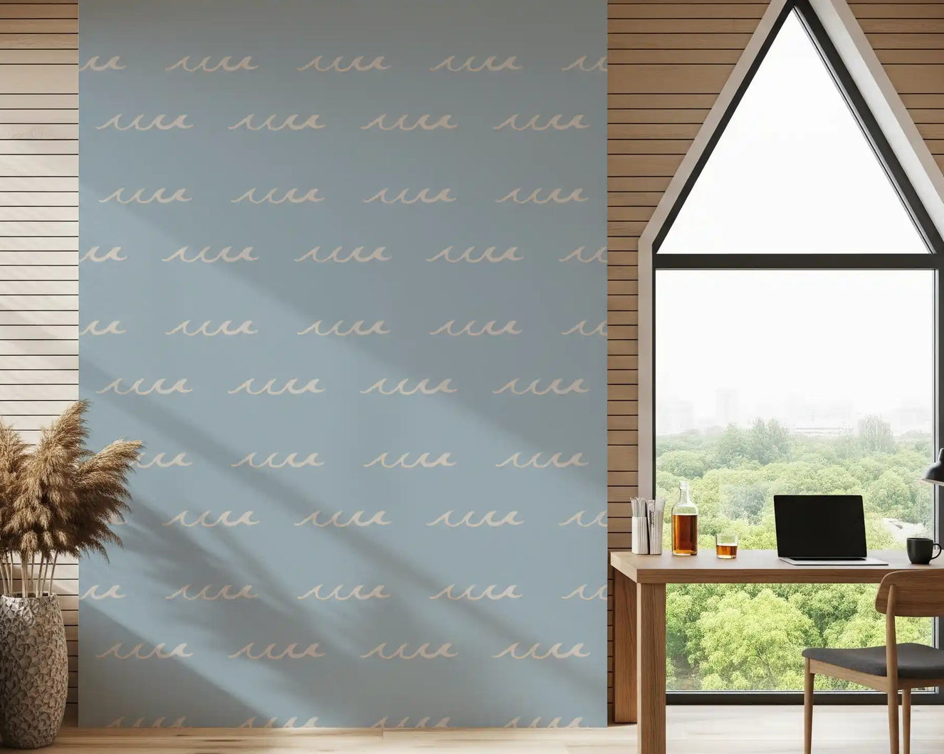 Office wallpaper with Soft Blue Wave pattern and airy coastal spacing