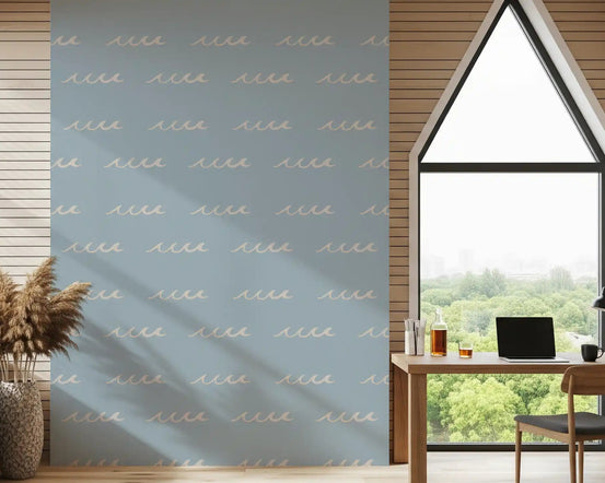 Office wallpaper with Soft Blue Wave pattern and airy coastal spacing