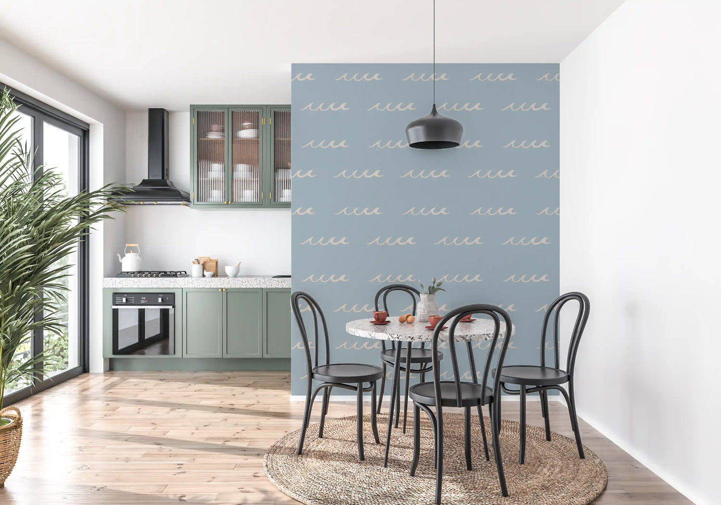 Minimal wave wallpaper with cream details and light blue background