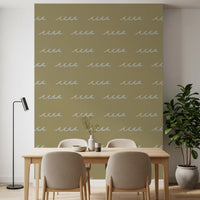 Olive Green Wave Wallpaper with pale blue wave marks and open layout