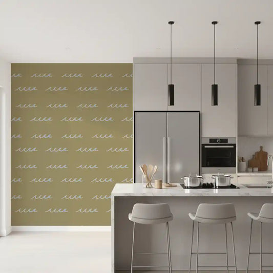 Kitchen wallpaper with Olive Green Wave pattern and soft coastal movement