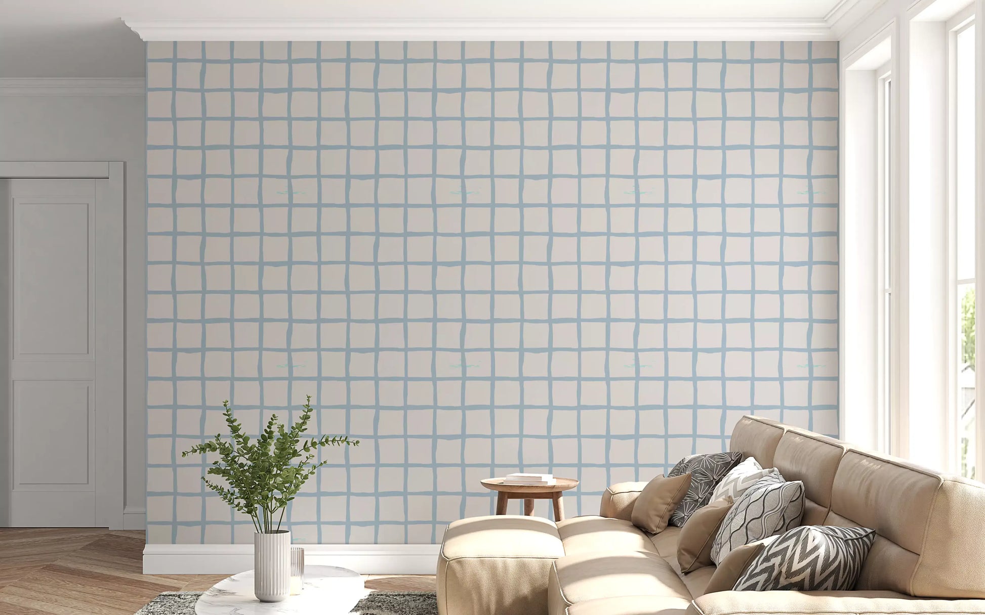 Living room wall using Olive Green Grid wallpaper with loose cream linework