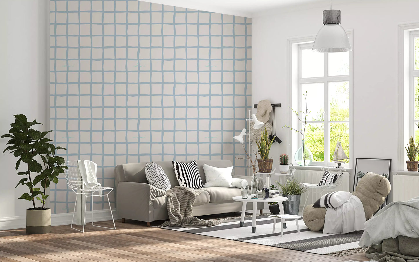 Living room wall featuring Boho Coastal Wallpaper and simple olive checks