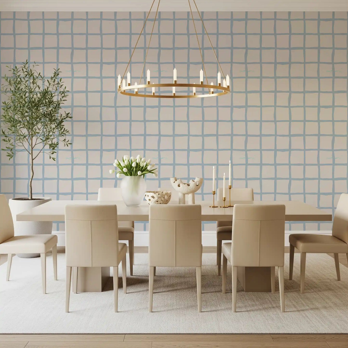 Dining room wall with Olive Green Grid Wallpaper and soft coastal check detail