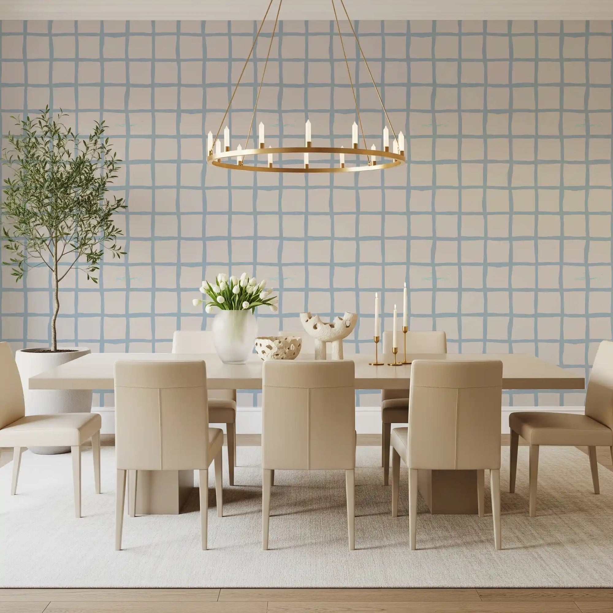 Dining room wall with Olive Green Grid Wallpaper and soft coastal check detail