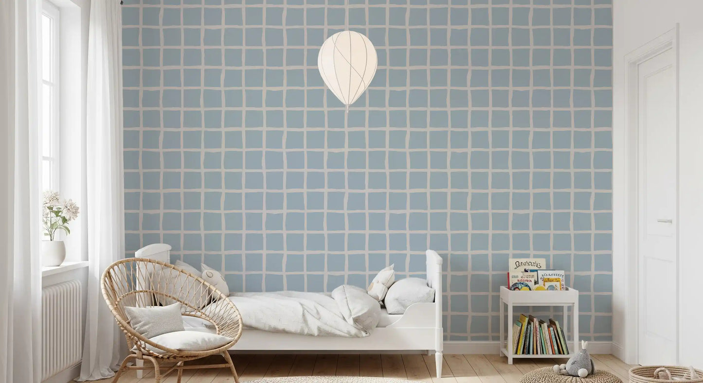Soft Blue Grid Wallpaper Boho Coastal Wallpaper⁠