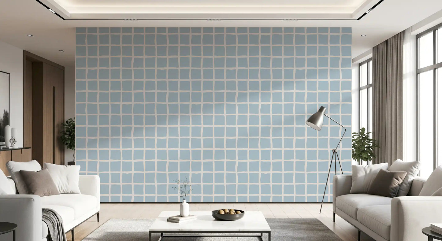 Soft Blue Grid Wallpaper Boho Coastal Wallpaper⁠