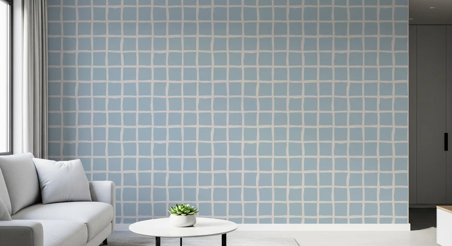 Soft Blue Grid Wallpaper Boho Coastal Wallpaper⁠