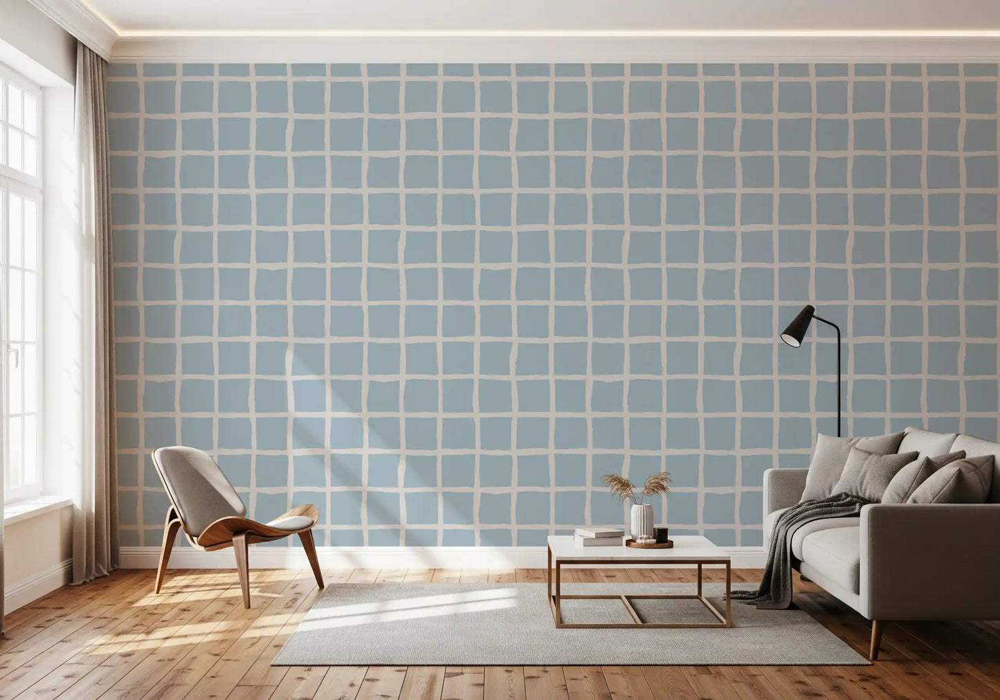 Soft Blue Grid Wallpaper Boho Coastal Wallpaper⁠