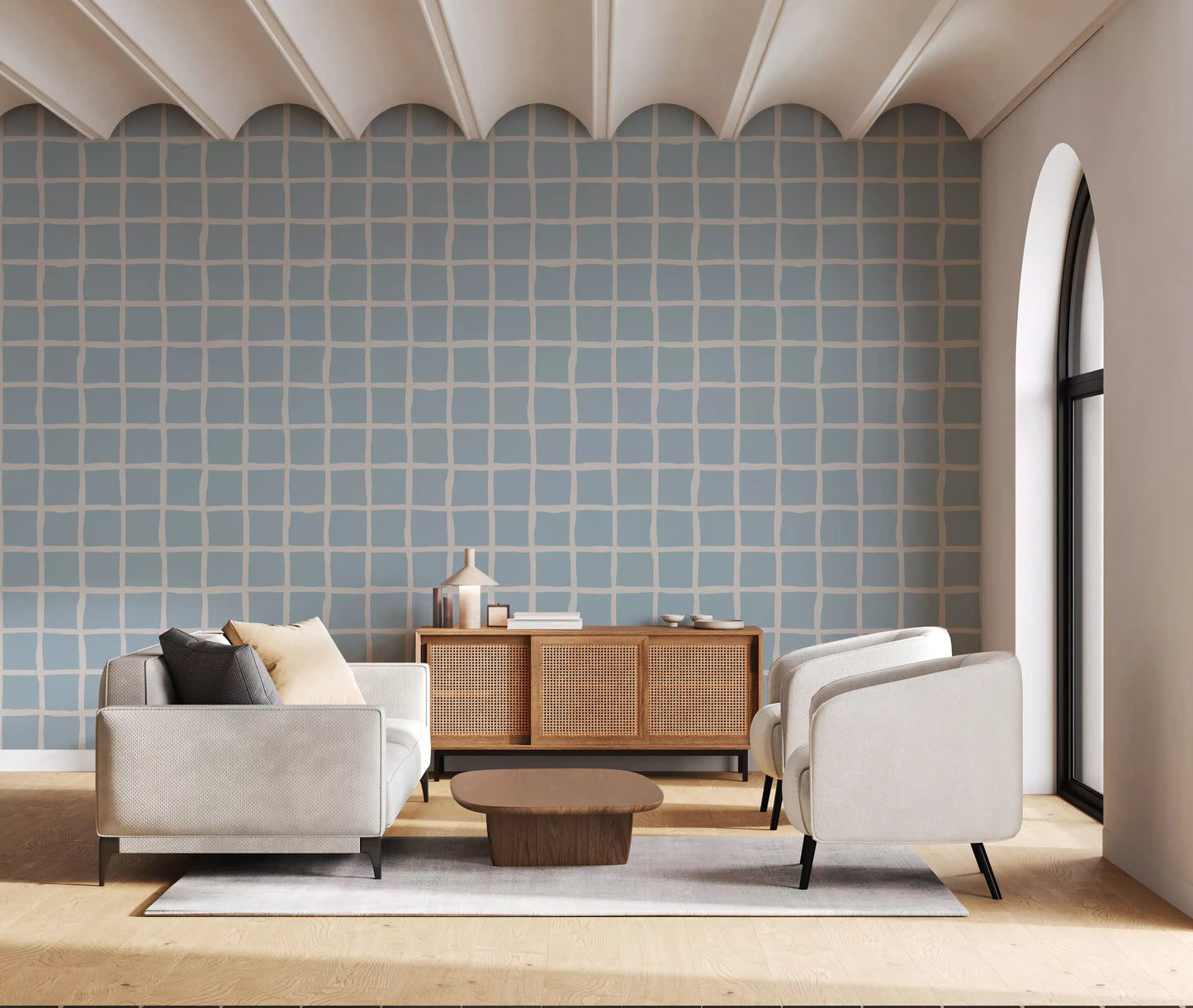 Soft Blue Grid Wallpaper Boho Coastal Wallpaper⁠