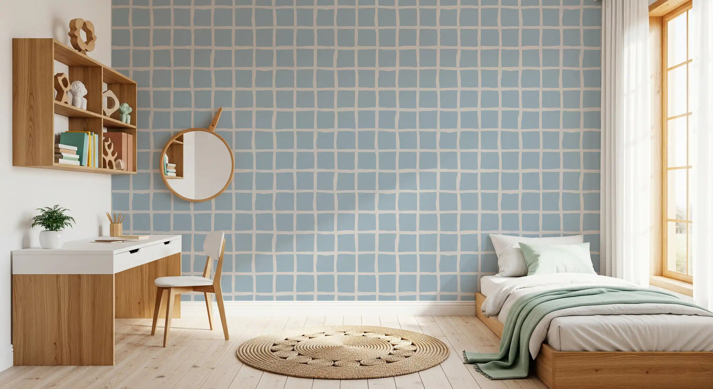 Soft Blue Grid Wallpaper Boho Coastal Wallpaper⁠