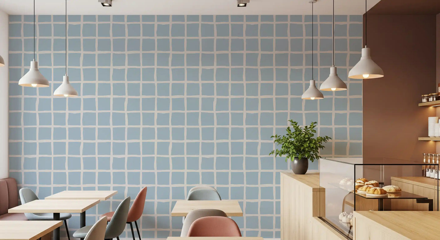 Soft Blue Grid Wallpaper Boho Coastal Wallpaper⁠
