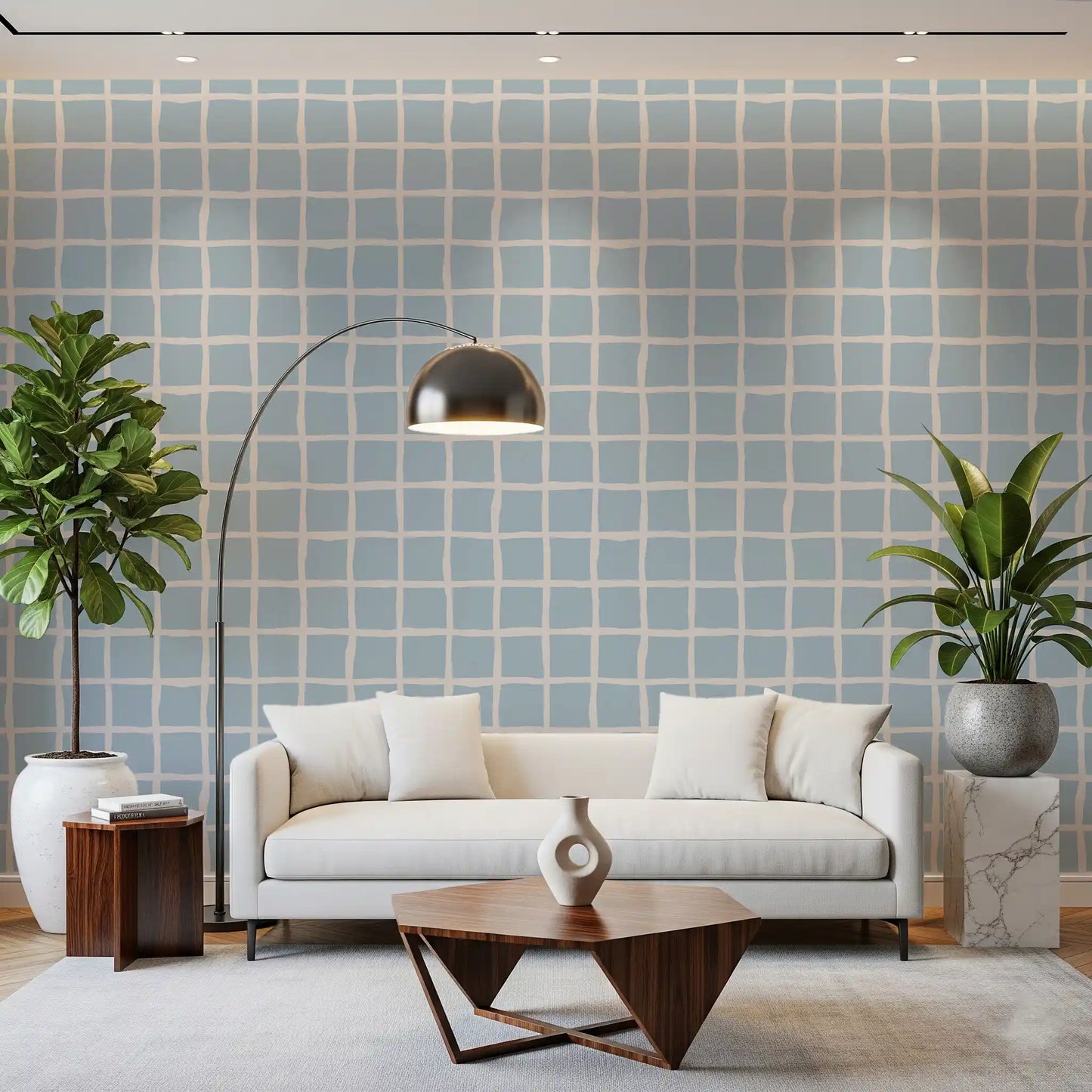 Soft Blue Grid Wallpaper Boho Coastal Wallpaper⁠