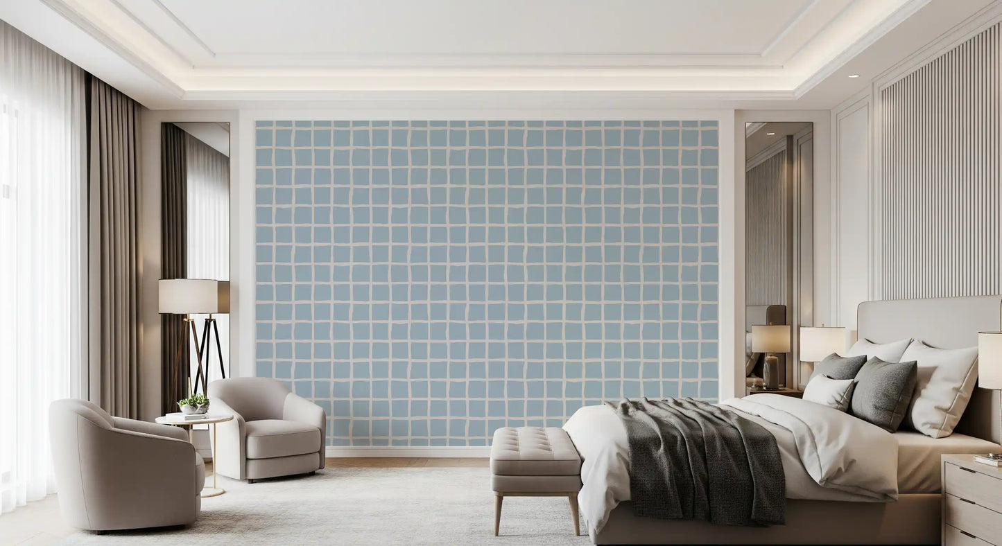 Soft Blue Grid Wallpaper Boho Coastal Wallpaper⁠