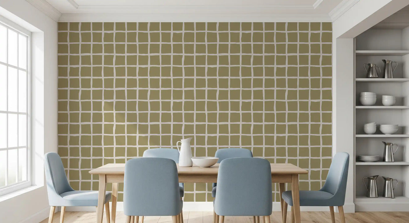 Olive Beige Green Grid Wallpaper Boho Coastal Wallpaper⁠