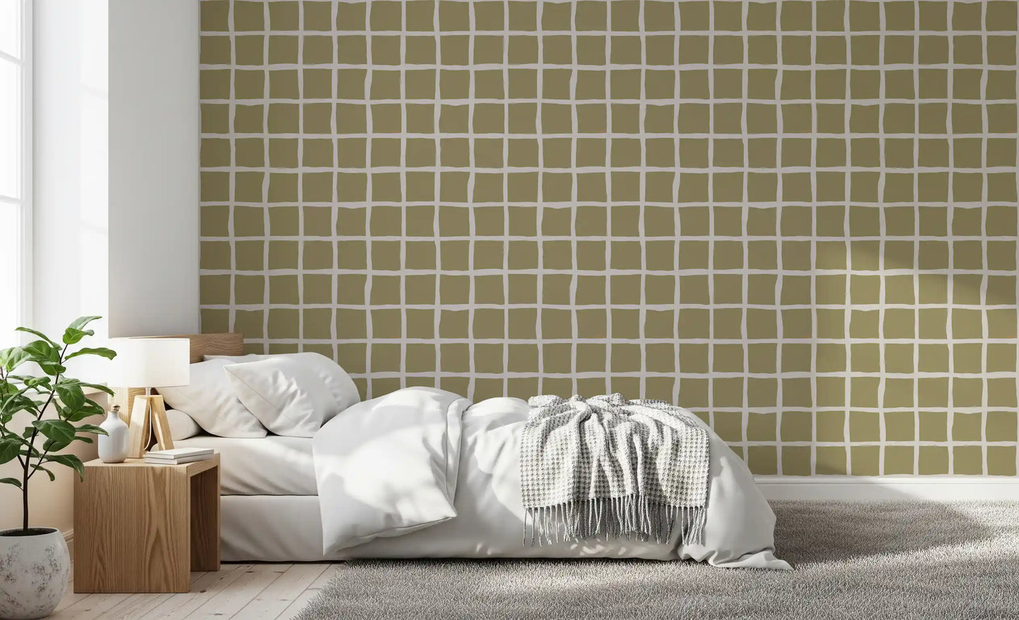 Olive Beige Green Grid Wallpaper Boho Coastal Wallpaper⁠