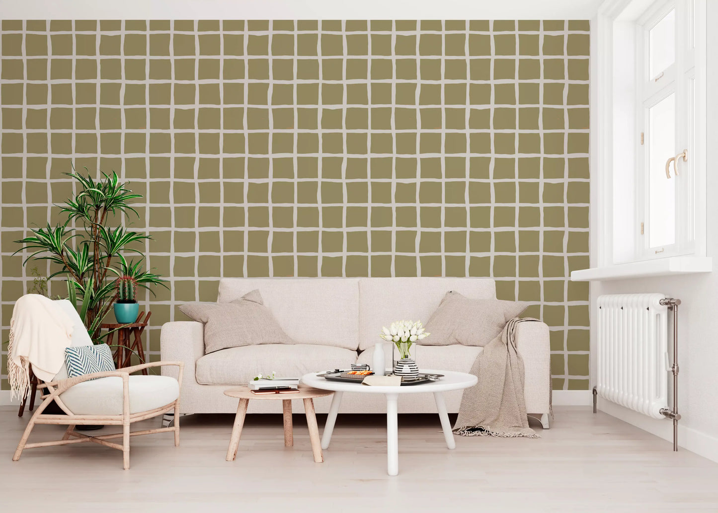 Olive Beige Green Grid Wallpaper Boho Coastal Wallpaper⁠