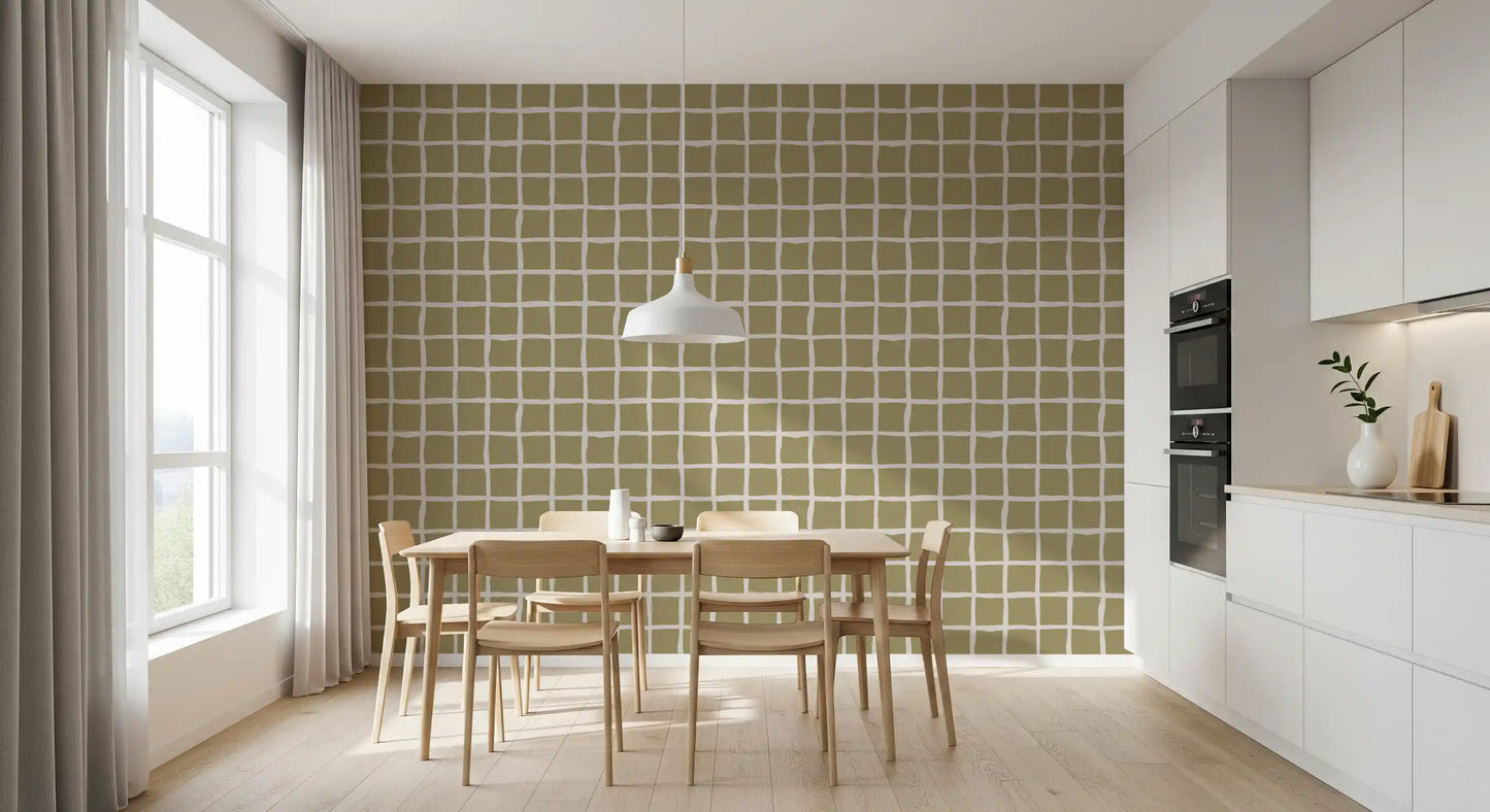 Olive Beige Green Grid Wallpaper Boho Coastal Wallpaper⁠