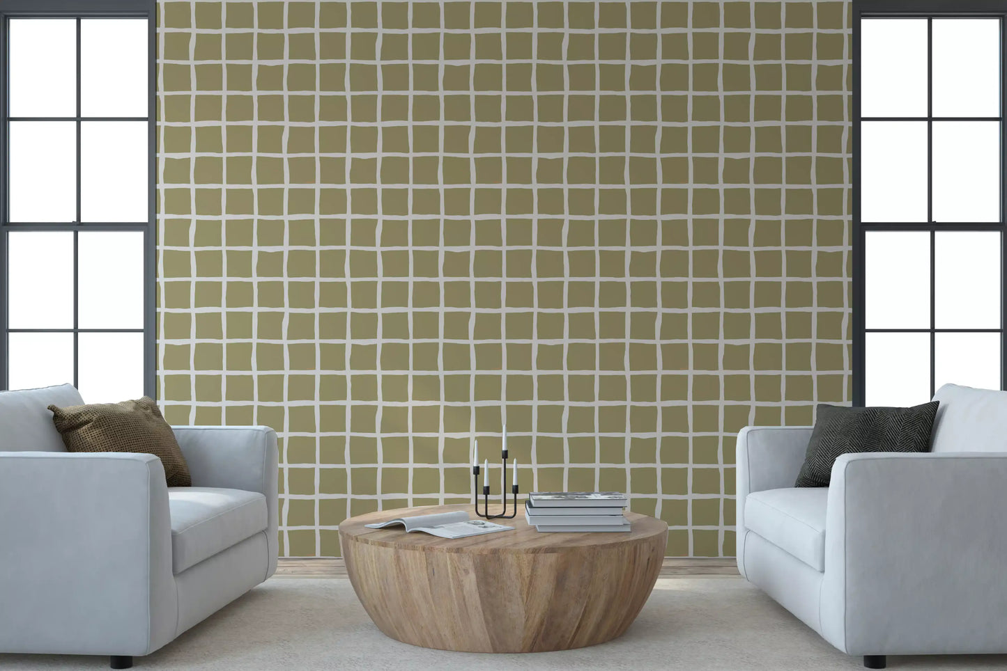 Olive Beige Green Grid Wallpaper Boho Coastal Wallpaper⁠