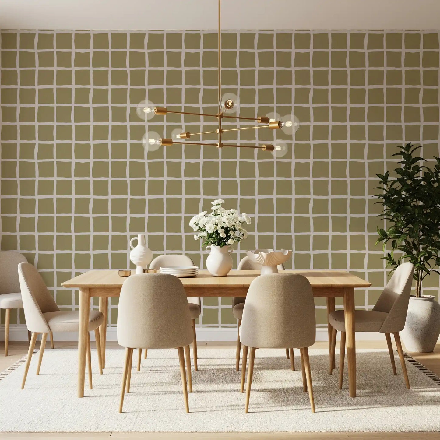 Olive Beige Green Grid Wallpaper Boho Coastal Wallpaper⁠
